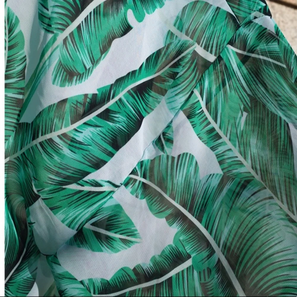 SOLD OUT CLEARANCE Tropical Green Palm Leaf Chiffon Sheer Coverup - Picture 4 of 4